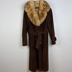 Vintage Suede Coat Women Medium Brown Faux Shearling Penny Lane Long Maxi Jacket